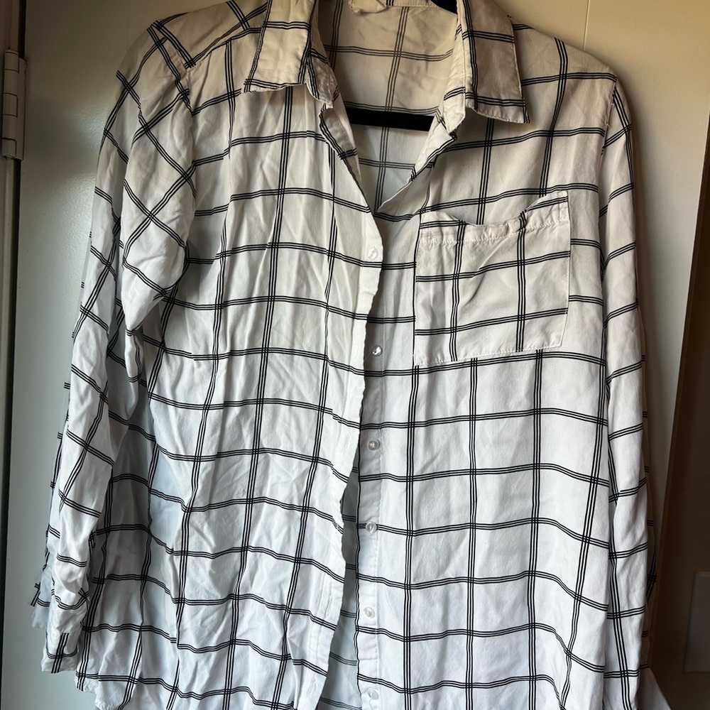 White and Black Plaid Button-Up Shirt